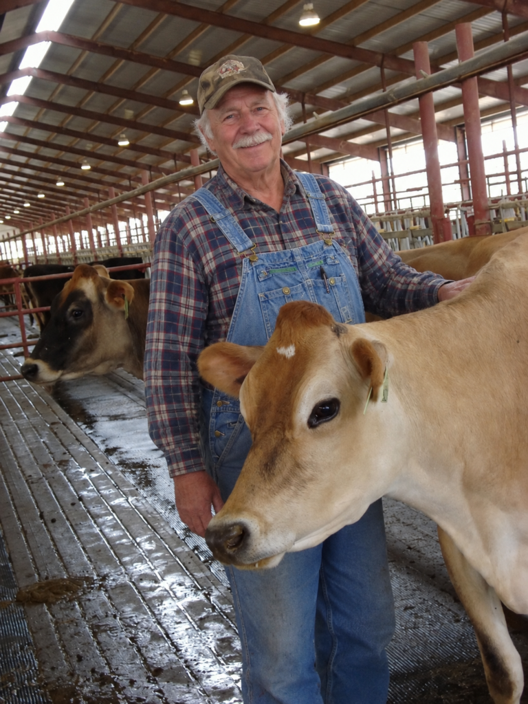 Jonathan Jefferson, owner of Angus N Herefords Online, standing with a cow in the barn at Rochelle, Texas